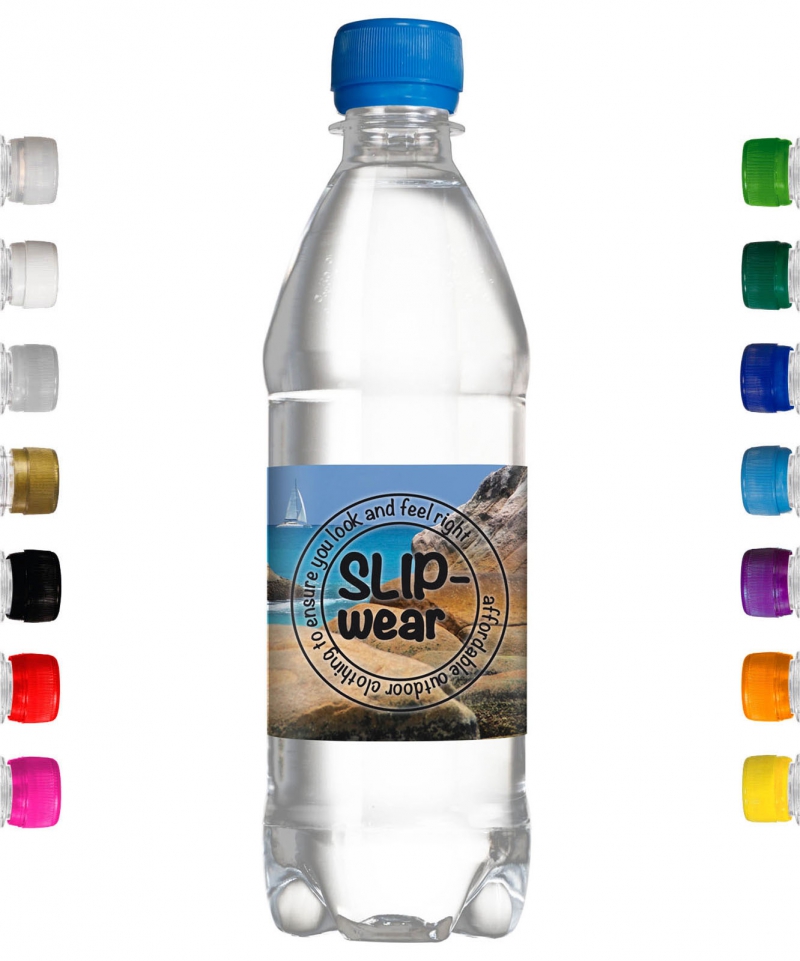 500 ml Werbe-Wasser mit eigenem Etikett. Freie Farbwahl des Schraubverschlusses.