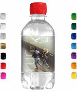 330 ml Werbe-Wasser mit eigenem Etikett. Freie Farbwahl des Schraubverschlusses.